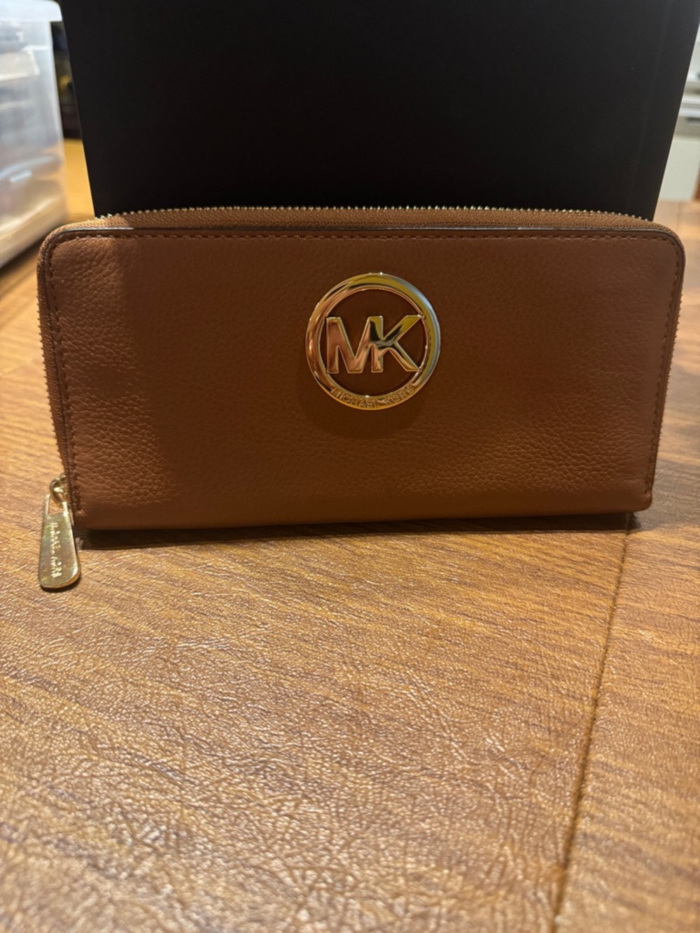 Michael Kors Tan/Brown Leather Zip-Around Wallet with Gold MK Logo
